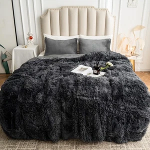 Plush Shaggy King Duvet Cover Set, 3 PCS Fluffy Bedding, Zipper Closure, Grey - Picture 1 of 7