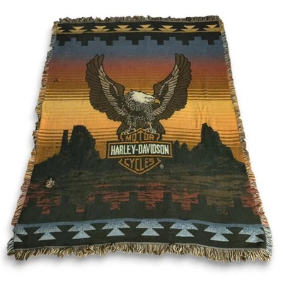 Vintage Harley Davidson Motorcycles Throw Blanket Aztec Eagle Southwestern *READ - Image 1 of 4