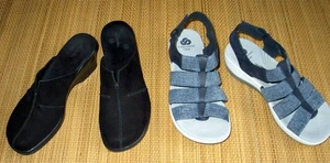 Clarks black suede mules,, 8, or denim blue elastic Cloudsteppers sandals 7.5 - Picture 1 of 6