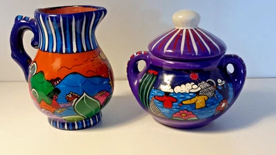 Juego de 3 piezas de cerámica mexicana vintage crema y azúcar / firmado Foto 1 de 3