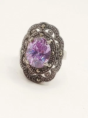 Anello Donna Argento 925 Antico Vintage Art Decò Vittoriano Ametista Marcasiti  - Immagine 1 di 4