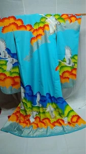 Kyoto Crane & Cloud Design Blue Silk Kimono for Wedding, Size Adjustable - Picture 1 of 4