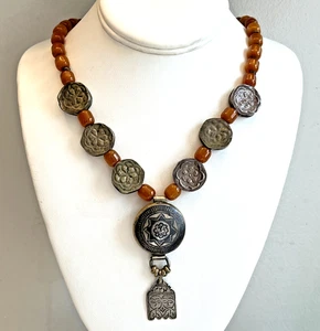 Antique Ottoman Silver Niello Amulet Butterscotch Amber Bead Necklace - Picture 1 of 13
