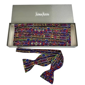 Fascia Cummerbull & Asser in seta + papillon colorato geometrico persiano + scatola - Foto 1 di 22