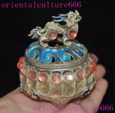 China Incrustación de plata tibetana gema roja fengshui dragón bestia quemador de incienso incensario Foto 1 de 4