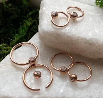 PAIR Rose Gold Gem Captive Bead Rings for Ears, Eyebrow, Septum, Nipples, etc - Image 1 of 4