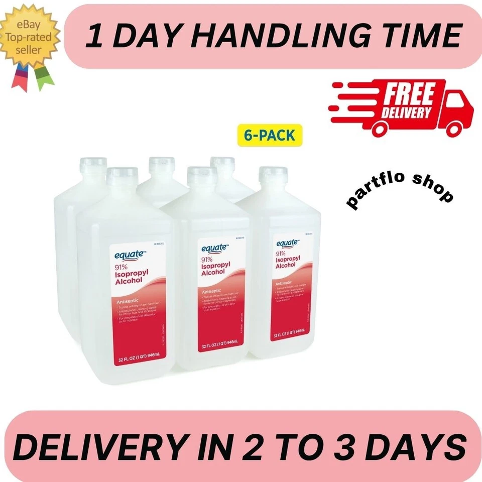 6er Pack Antiseptikum EQUATE 91 % Isopropyl Reiben Alkohol Antibakteriell je 32 Unzen - Bild 1 von 1