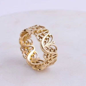 14K Solid Gold Floral Pattern Wedding Band Handmade Stackable Eternity Vine Ring - Picture 1 of 12