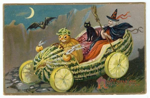 ANTIQUE 1908 TUCK'S BLACK CAT AND WITCH IN WATERMELON CAR HALLOWEEN POSTCARD - Picture 1 of 2