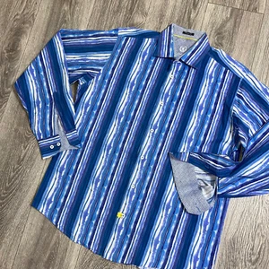 BUGATCHI Abstract Striped Blue Watercolor Classic Fit Button Front Shirt Mens L - Picture 1 of 11