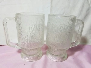 Set Of 2 Indiana Glass CRYSTAL ICE Cup Mug Tree Bark Footed Textured Beer Stein  - Picture 1 of 4