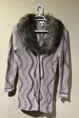 Chico's Cárdigan Largo Suéter Extraíble Cuello Imitación Piel Talla 1/M Tostado L/S T3 Foto 1 de 4