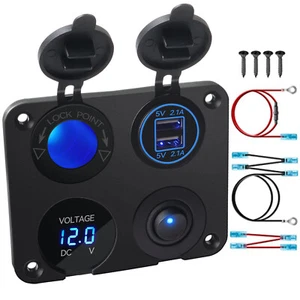 Car 12V Switch Panel Cigarette Lighter Socket Plug Dual USB Charger Voltmeter - Picture 1 of 14