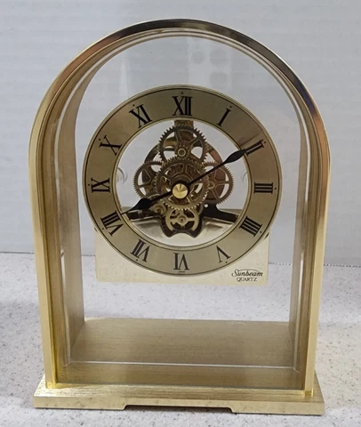Vintage Sunbeam Quartz Brass Skeleton Clock 882-600 Desk Mantle Works Great! Cover