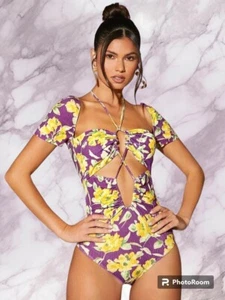 SHEIN FLORAL PRINT DRAWSTRING TIE BACK BODYSUIT - SIZE S - Picture 1 of 7