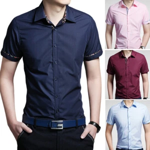 Mens Dress Shirts Short Sleeves Luxury Casual Slim Fit Camisas Multicolor Shirts - Picture 1 of 17