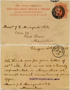 GB 1898 to MAURITIUS UPU OVERSEAS STATIONERY 1d RAILWAY TPO G + C SORTING TENDER - Picture 1 of 3