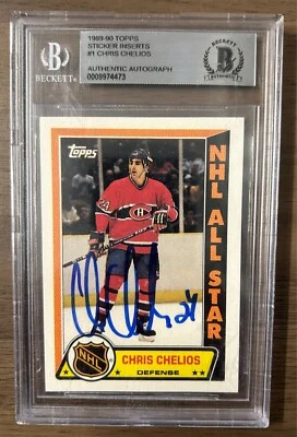 1989 1989/90 TOPPS STICKER CHRIS CHELIOS #1 BECKETT AUTHENTIC AUTOGRAPH CANADIEN - Image 1 of 2