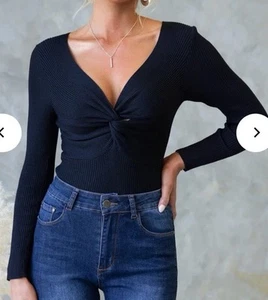NEW TIGERMIST BLACK LONG SLEEVE RIBBED KNIT BODYSUIT TOP S M L - Picture 1 of 3