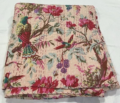 Indian Kantha Quilt Bedspread Bedding Throw Cotton Blanket Bird Print Hand Block - Image 1 of 4