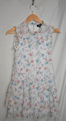 Amy Byer Girls Floral Ruffle Dress White Pink Blue Tiered Size 12 Lined 387 - Image 1 of 4