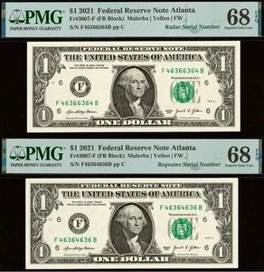 Matching Serial Numbers Radar Repeater 2021 $1 FRN PMG 68EPQ Top Pop None Higher - Picture 1 of 6
