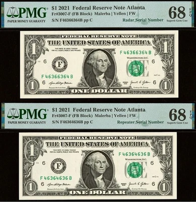 Matching Serial Numbers Radar Repeater 2021 $1 FRN PMG 68EPQ Top Pop None Higher - Image 1 of 4