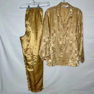 Secret Treasures Woman’s Pajama Set sz Lg Gold Satin Textured Floral Pants & Top - Picture 1 of 12