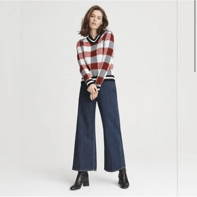 Suéter Rag & Bone 100% Lana Marino Fina Cuello en V Rojo y Negro Cuadros Talla XS NUEVO SIN ETIQUETAS Foto 1 de 4