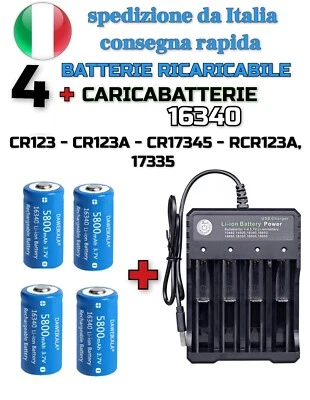 BATTERIE RICARICABILI CR123A 16340 AL LITIO 5800mAh 3.7V + CARICABATTERIE 4 Slot - Imagen 1 de 4