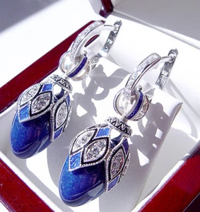SALE ! SUPERB RUSSIAN GENUINE LAPIS STERLING SILVER 925 EARRINGS w/ ENAMEL - Picture 1 of 1