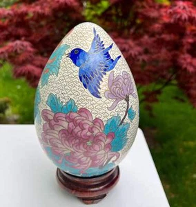 Vintage Gorgeous White 8" Large Chinese Cloisonné Egg On Wooden Stand - Picture 1 of 10