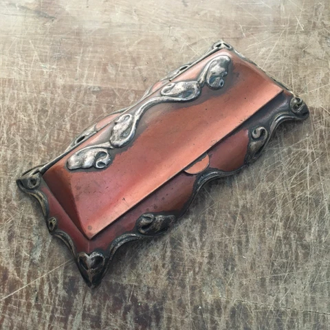 SHIEBLER ANTIQUE STERLING SILVER & MIXED METAL STAMP BOX NY .925 Art Nouveau Cover
