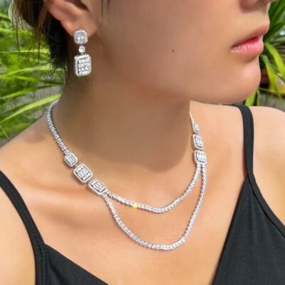 Conjunto de aretes collar doble capa enchapados en oro blanco de 18k conjunto de diamantes simulados Foto 1 de 4