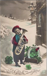 Real Photo Child w Horn Vintage German New Year RPPC Postcard - Picture 1 of 2