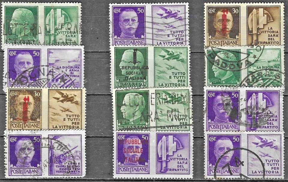 ITALY.  12 POSTALLY USED SOCIALIST REPUBLIC STAMPS IN  GOOD CONDITION. 1944. - Image 1 of 1