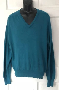 Vintage Alan Paine Sweater V Neck 44 Inch 112 cm Cotton England Green Blue Teal - Picture 1 of 12