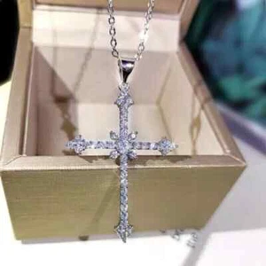 Women's Cross Pendant 14K White Gold Plated Silver 1.50 Ct Round Real Moissanite - Picture 1 of 4