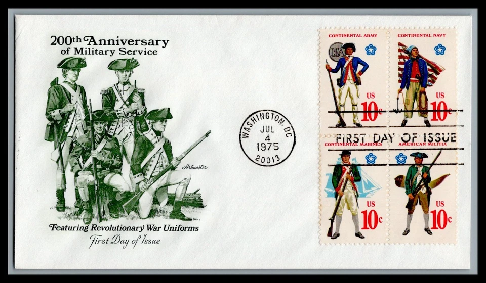 US FDC # 1565-1568 10c Military Uniforms Becenti block Artmaster  1975, 9M347 - Image 1 of 1