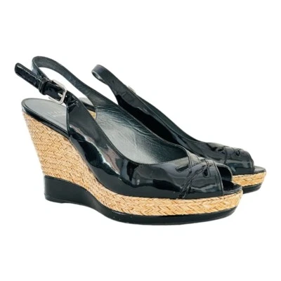 Stuart Weitzman Dolunch Patent Leather Espadrille Wedge Sandal Size 9.5 M Black - Image 1 of 4