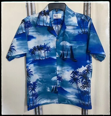 Camisa havaiana azul Kai Nani masculina década de 1940 S original - Imagem 1 de 4