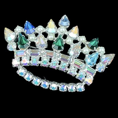 B DAVID Rhinestone Crown Design Silver Tone Vintage Estate Signed Brooch Pin  - Image 1 of 4