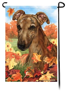 Falling Leaves Garden Flag - Red Brindle Greyhound - Picture 1 of 1