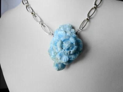 2 1/2" pulg.  Collar colgante larimar azul dominicano natural flor tallada en 925 Foto 1 de 4