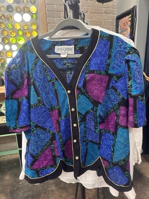 Top geométrico vintage años 80 Jessica Howard mujer negro púrpura azul verde 18 Boho Foto 1 de 4