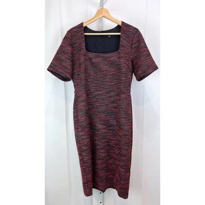ANN TAYLOR Tweed Square Neck Sheath Dress Back Zip Short Sleeve Midi Red Size 10 - Image 1 of 4