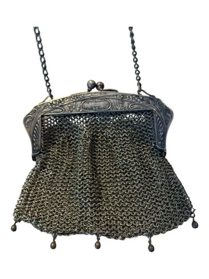 Старинный сетчатый металлический кошелек немецкий серебряный винтажный 1920-е Flapper декоративный замок Kiss - Изображение 1 из 4