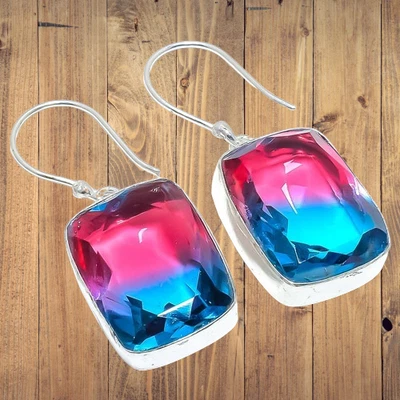 Bi-Color Tourmaline Gemstone 925 Sterling Silver Earring 1.5" Q909 - Image 1 of 4
