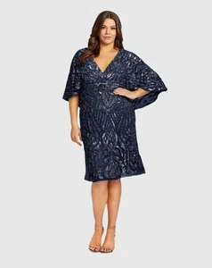 Mac Duggal 5191 Navy Sequin Embellished Cape Sleeve Cocktail Dress Plus Sz 16W - Picture 1 of 23