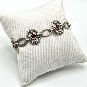 VINTAGE silberfarbenes rotes Strass Gliederarmband Knebelverschluss - Bild 1 von 5